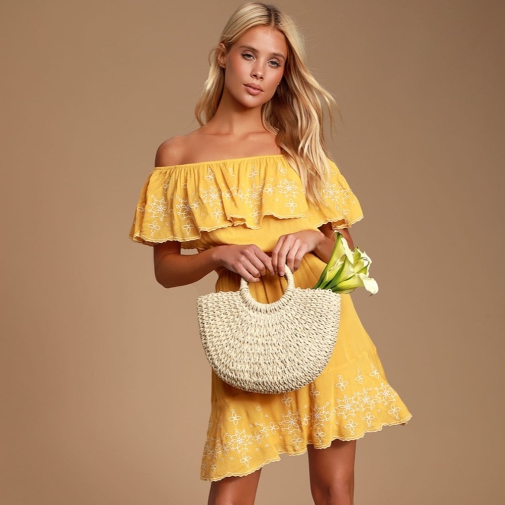 Lulu’s Layla Mustard Yellow Ruffled Embroidered Skater Dress Size Large